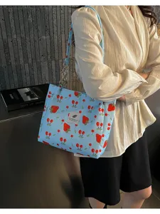Cute sweet style large capacity tote bag with strawberry print, ideal for daily summer use.