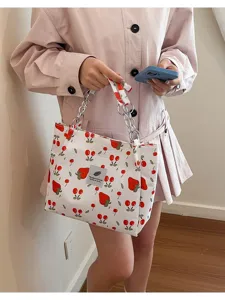 Cute sweet style large capacity tote bag featuring strawberry print and stylish chain strap.