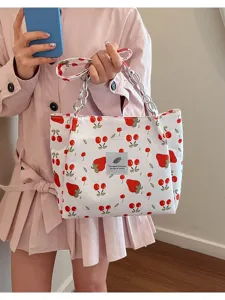 Cute sweet style cherry strawberry print tote bag women casual shoulder chain bag summer new