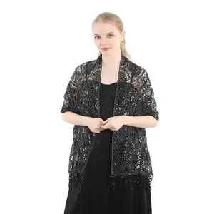 Black sequin lace evening wrap shawl with fringe detail for party dress and bridal wear accessory.