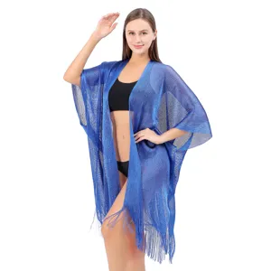 Metallic glitter beach cover up kimono fringe cardigan for women summer vacation swimwear outfit