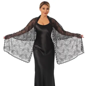 Black sequin paisley lace shawl wrap elegant evening dress cape for women formal party wear