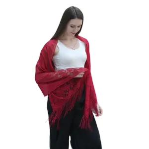 Red lace hollow lily scarf women vacation sun protection shawl headscarf elegant fashion accessory