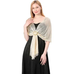 Metallic gold glitter evening shawl with ring buckle and fringe detail for women party wedding