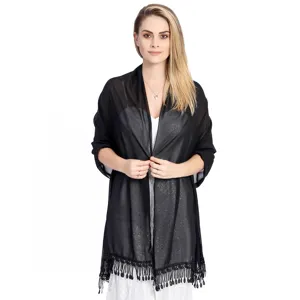 Black chiffon shawl detail view, elegant fringe trim design, lightweight sheer fabric overlay.