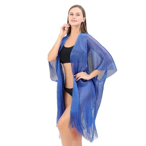 Blue metallic fringe beach cover-up kimono cardigan for women vacation resort wear summer style