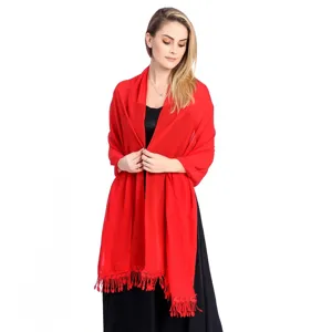 Exquisite red chiffon shawl featuring delicate lace trim and tassel detail closeup view.