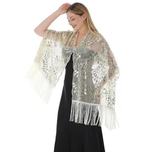Elegant sequined tassel shawl evening dress wrap vintage feather wrap cape for women.