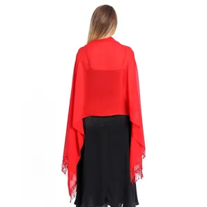Red chiffon shawl detail showing back view, elegant draped design with delicate fringe edges.