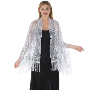 White sequin embroidered fringe evening shawl, elegant 1920s Gatsby cape for party dress.