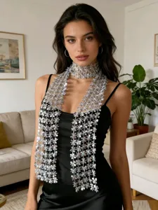 Silver sequin mesh scarf, sparkling fashion accessory for women, elegant party neckwear piece.