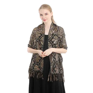 Detail shot of the elegant sequin tassel evening shawl, perfect for party and wedding wear.