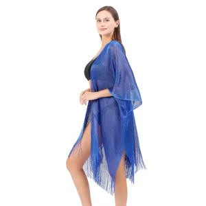 Metallic glitter beach cardigan stylish blue fringe shawl holiday resort swimwear cover-up