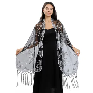 Châle brodé de sequins en tulle noir avec franges, cape de soirée vintage élégante pour femmes