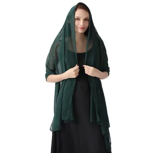 Elegant dark green chiffon shawl with silver threads and rhinestones, perfect for evening dresses.
