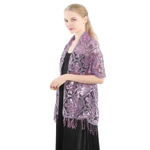 Elegant purple sequin lace shawl wrap, detailed view of mesh tassel design for party dress.