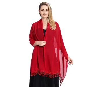 Elegant red chiffon shawl with delicate lace trim and stylish fringe for women evening wear