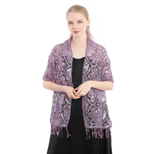 Elegant purple sequin lace tassel shawl for women evening party dress wrap bridal cover up