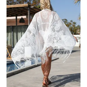 Women's White Lace Beach Cover-Up Hollow Out Tassel Shawl Vacation Dress