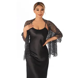 Black sequin mesh shawl detail, sparkly party wrap accessory for women evening dress.