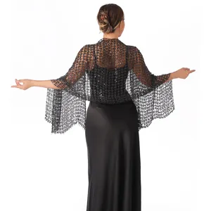 Detailed view of an elegant black sequin star embroidered party evening shawl cape.