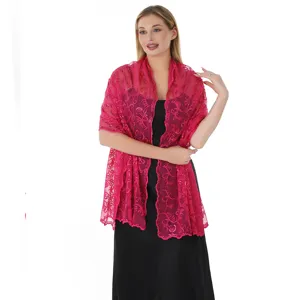 Elegant fuchsia sequin embroidered lace shawl, perfect evening dress wrap for women events.