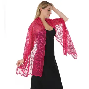 Elegant rose red sequin lace shawl for evening dress, detailed embroidery design, perfect accessory.