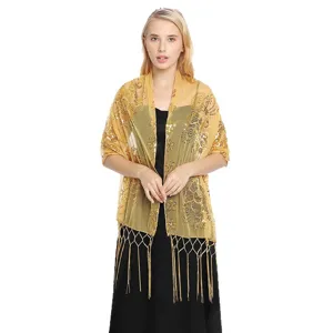 Elegant gold sequin sheer shawl with tassel hem, perfect for evening party and wedding dress.