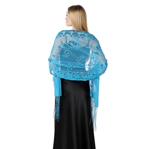 Stunning blue sequin embroidered evening shawl, elegant tassel wrap for wedding party and prom.