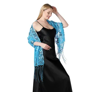 Blue sequin embroidered shawl evening party wrap bridal bridesmaid accessory detail.