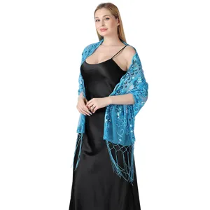 Blue sequin embroidered evening party shawl wrap with tassels for women, elegant design.