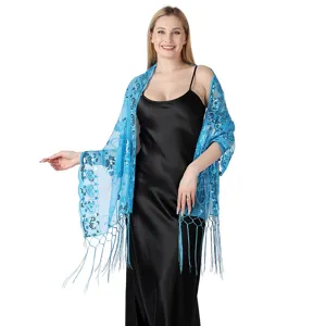 Elegant blue sequin embroidered evening party shawl with fringe wrap for women wedding guest.
