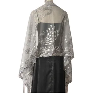 Elegant sequin embroidered peacock shawl cape for evening party bridal wedding dress accessory.