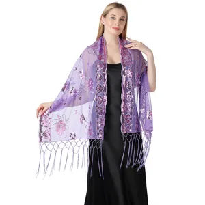 Elegant purple sequin embroidered mesh shawl for evening party, wedding and prom events.