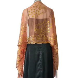 Elegant peach sequin embroidered peacock shawl for evening party, bridal, and wedding events.