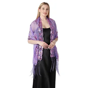 Detailed view of a stunning purple sequin embroidered shawl with elegant fringe.