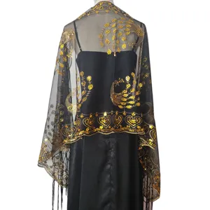 Black mesh sequin embroidered shawl evening party bridal cape vintage glamour elegant wrap accessory.