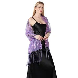 Purple sequin embroidered tassel shawl, elegant evening party wrap for women and brides.
