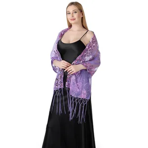 Purple sequin embroidered shawl close-up detail for evening party and wedding dress styling.