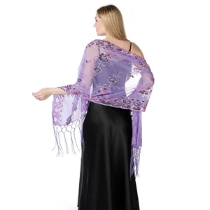 Elegant purple sequin embroidered mesh shawl with fringe, perfect for evening parties and weddings.