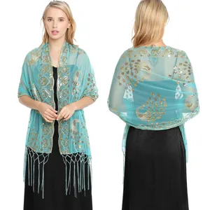Women's Elegant Peacock Sequin Embroidered Shawl Tassel Mesh Wrap Scarf For Evening Party Wedding Dress
