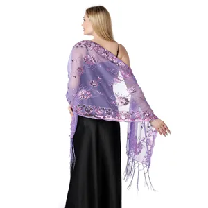 Elegant purple sequin embroidered mesh shawl, perfect for evening parties, weddings and proms.