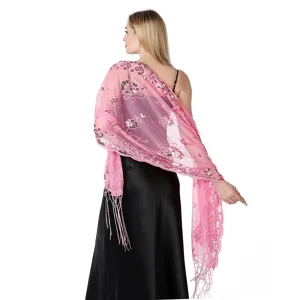 Pink sequin embroidered shawl detail, elegant evening party wrap and bridal accessory view.
