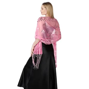 Close-up details of the elegant pink sequin embroidered evening party shawl with delicate fringe.