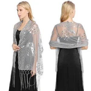 Elegant grey sequin embroidered mesh shawl with fringe for evening party wedding dress.
