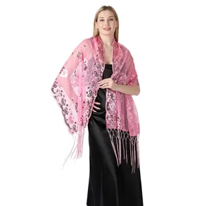 Pink sequin embroidered tassel shawl detail showcasing exquisite craftsmanship and elegant drape.
