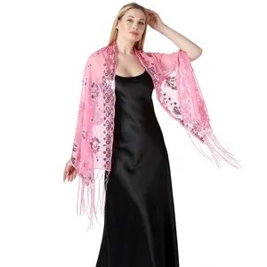 Pink sequin embroidered mesh shawl fringe wrap elegant evening party bridal accessory detail view