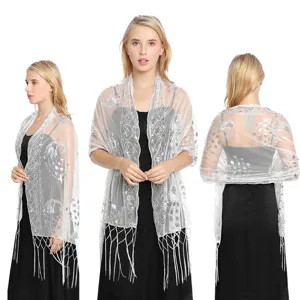 White sheer sequin embroidered fringe shawl for women evening party wedding dress