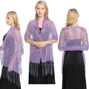 Elegant purple sequin embroidered tassel shawl and wrap for evening party and wedding.