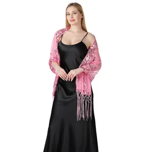 Detailed view of the pink sequined embroidered evening shawl, perfect for parties and weddings.
